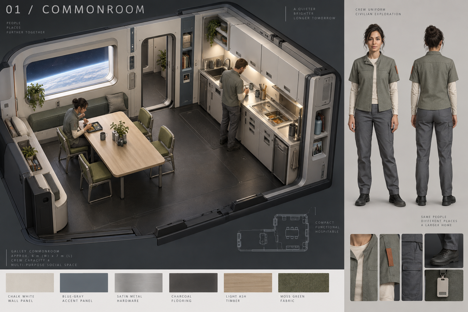 Concept of a warm, compact ship commonroom with a dining table, galley, plants, and a view of Earth
